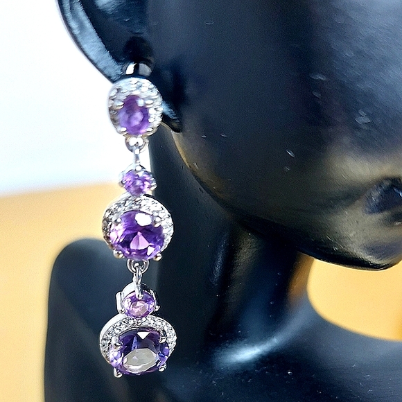 Natural Amethyst 8mm & Cz 925 Sterling Silver Jewelry Earrings - Picture 2 of 6